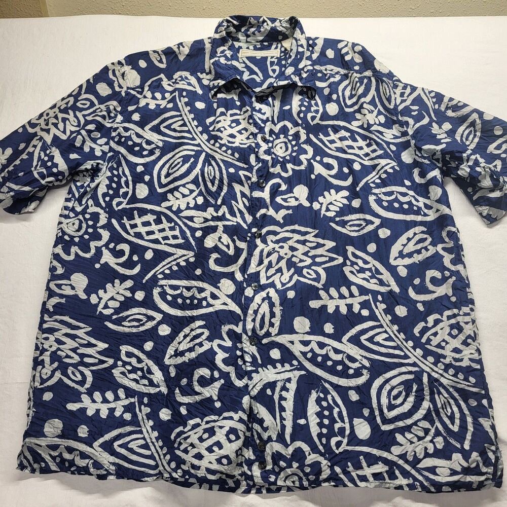 VTG Fenn Wright Manson Vintage 80's 90's Silk  Button Dress Shirt LG Navy Floral